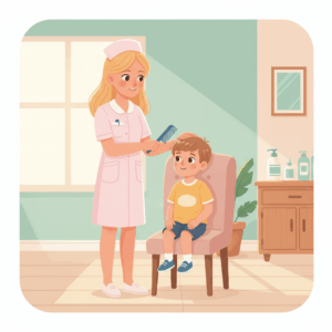 Cartoon van een kind met schoon haar dat wordt gecontroleerd op luizen, met een warme glimlach.